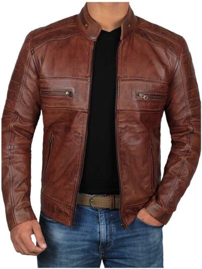 Austin Mens Cafe Racer Brown Leather Jacket