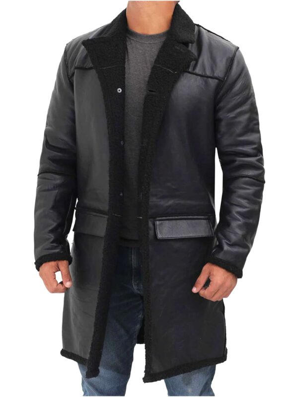 Black Mid-Length Shearling Leather Long Coat