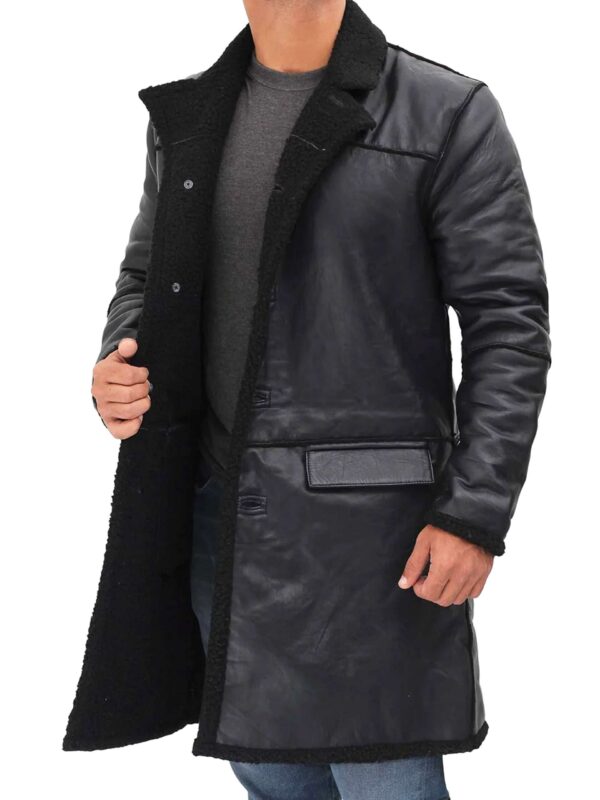 Black Mid-Length Shearling Leather Long Coat For Men
