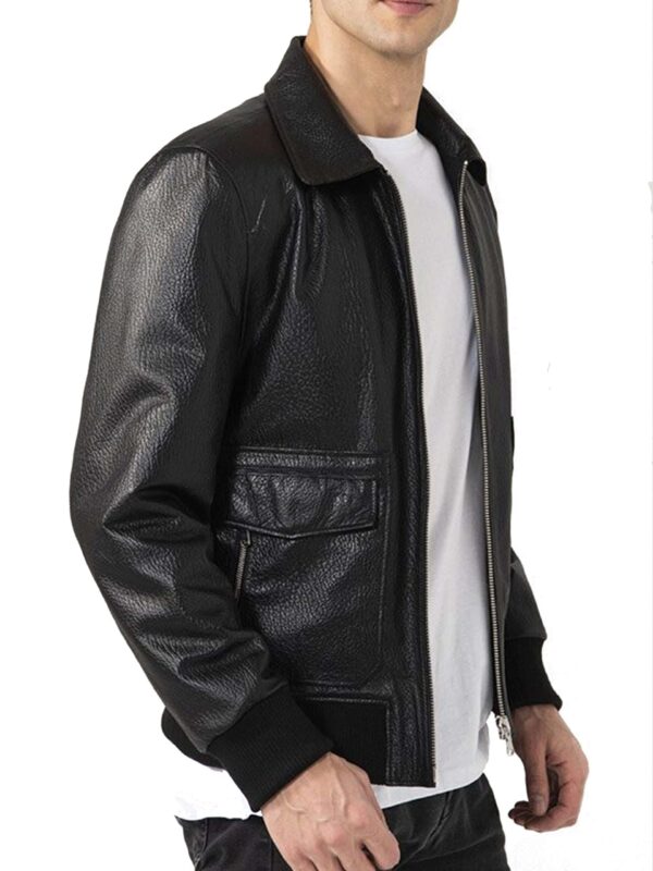 Black Shirt Style Collar Leather Bomber Jacket