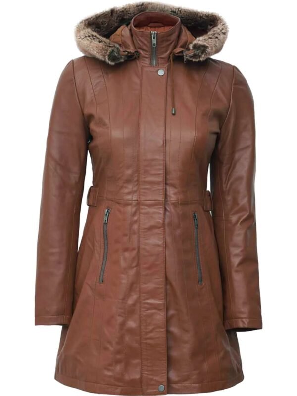 Brown Leather Long Coat With Removable Shearling Hood