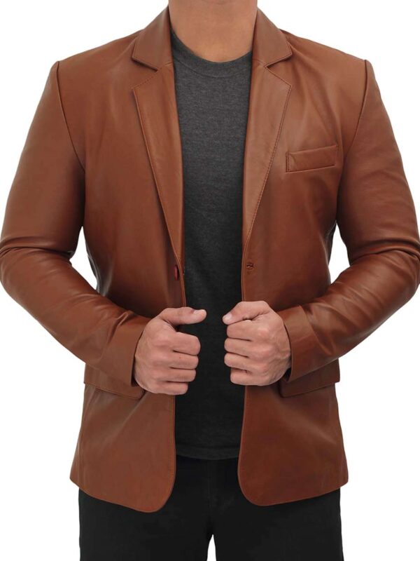 Classic Cognac Brown Leather Blazer Jacket For Men