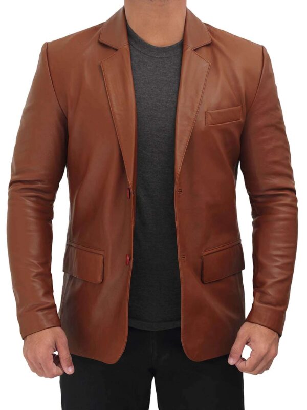 Classic Cognac Brown Leather Blazer Jacket