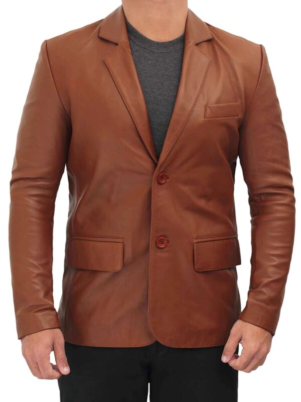 Cognac Brown Leather Blazer Jacket