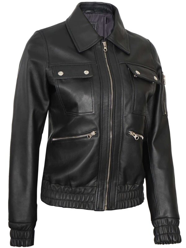 Evelyn Black Leather Bomber Jacket For Women