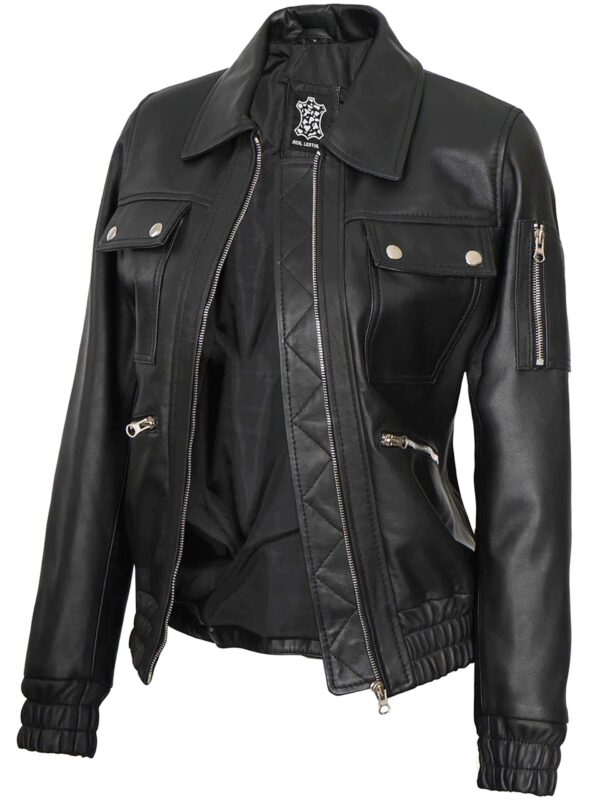 Evelyn Classic Black Leather Bomber Jacket