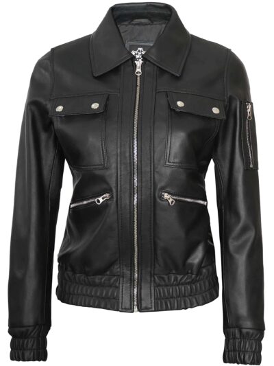 Evelyn Women's Black Leather Bomber Jacket