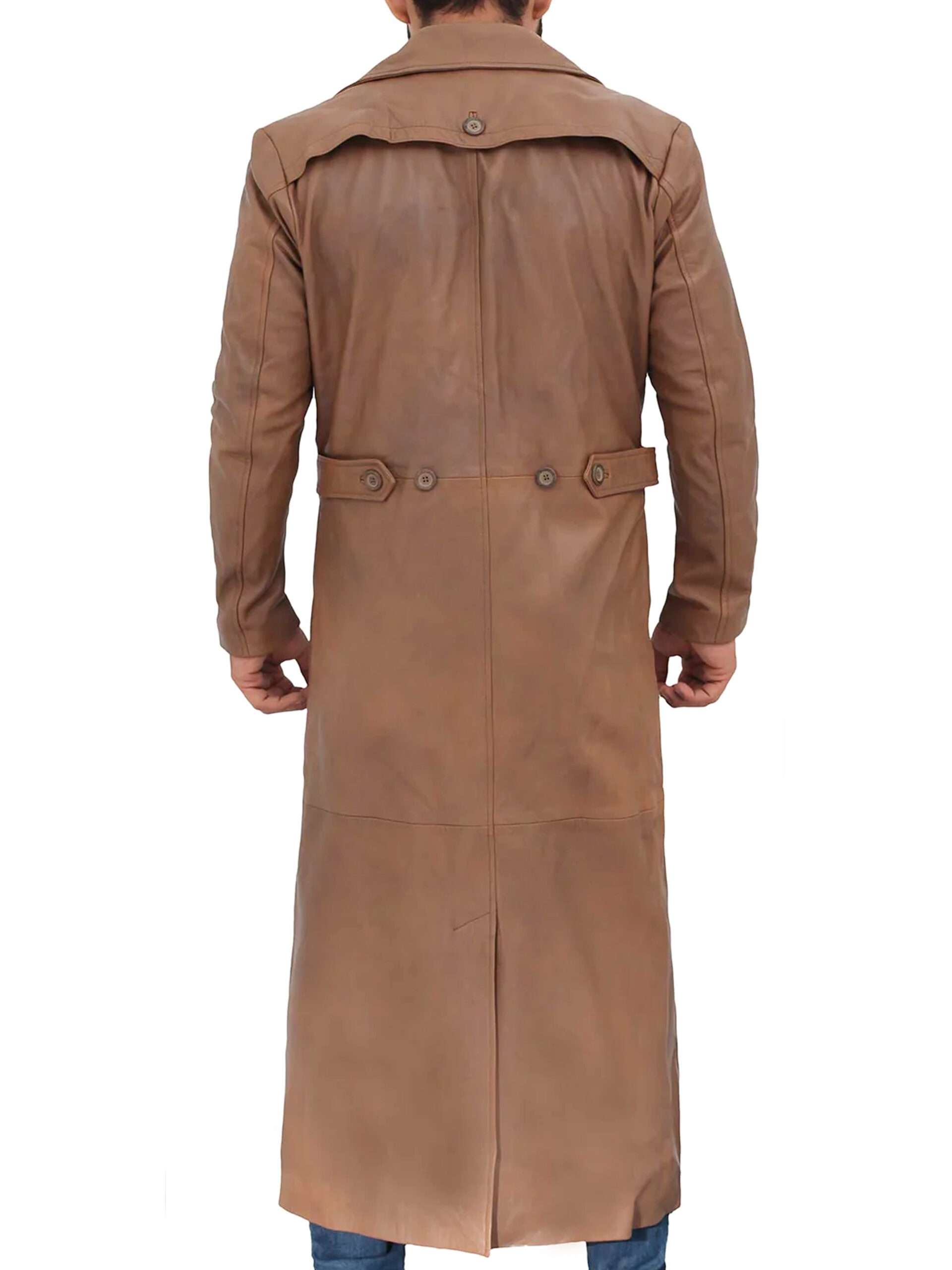 Jackson Distressed Brown Leather Trench Long Coat
