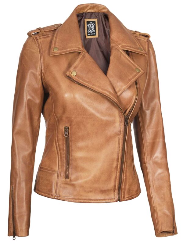 Kirsten Asymmetrical Camel Brown Real Leather Jacket