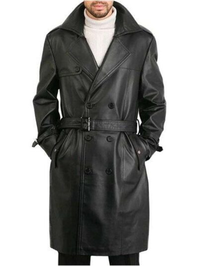 Mens Belted Double Breasted Black Leather Long Coat