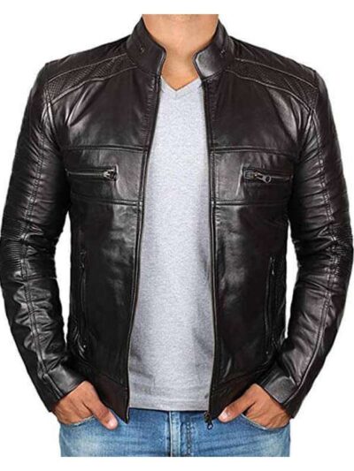Mens Black Cafe Racer Real Leather Motorcycle Jacket
