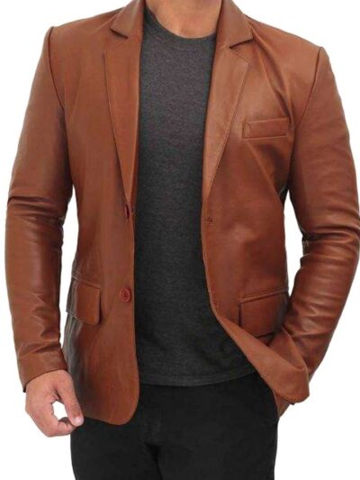 Men's Cognac Leather Blazer Jacket