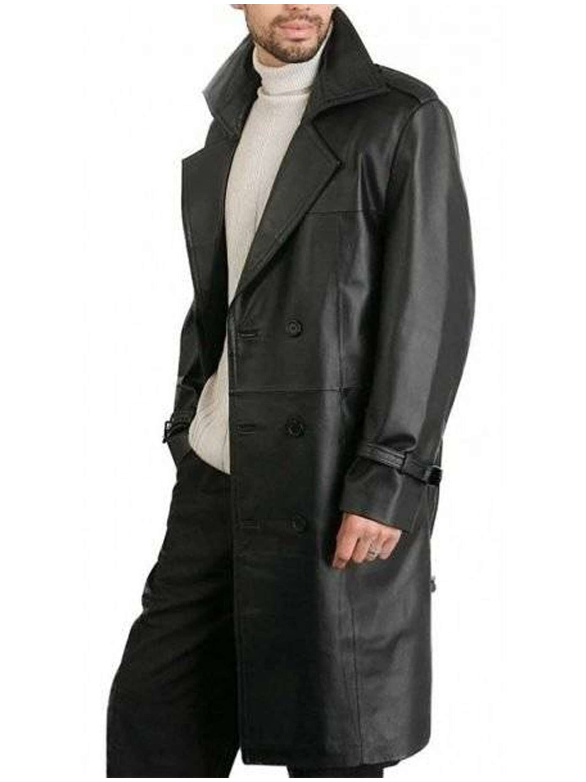 Mens Double Breasted Black Leather Long Coat
