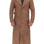 Men's Jackson Distressed Brown Leather Trench Long Coat