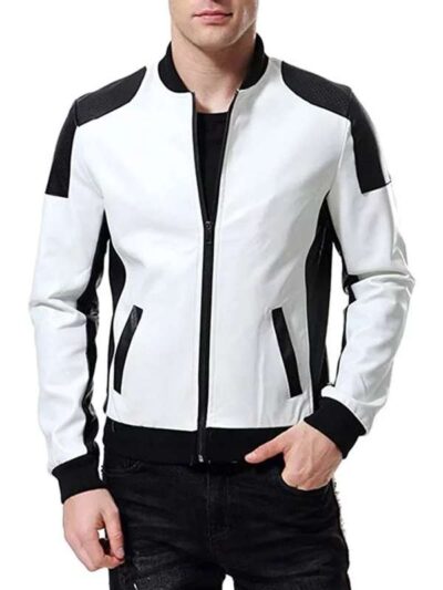 men's black and white bomber biker leather jacket