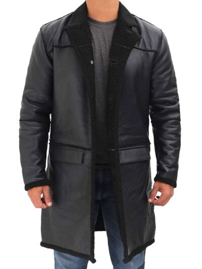 Mens Mid-Length Black Shearling Leather Long Coat