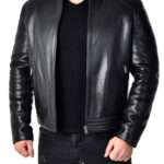 Mens Slim Fit Black Cafe Racer Riker Leather Jacket