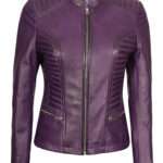 Women's Purple Cafe Racer Biker Leather Jacket