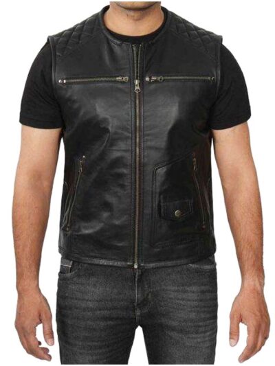 Winston Mens Black Quilted Leather Biker Vest