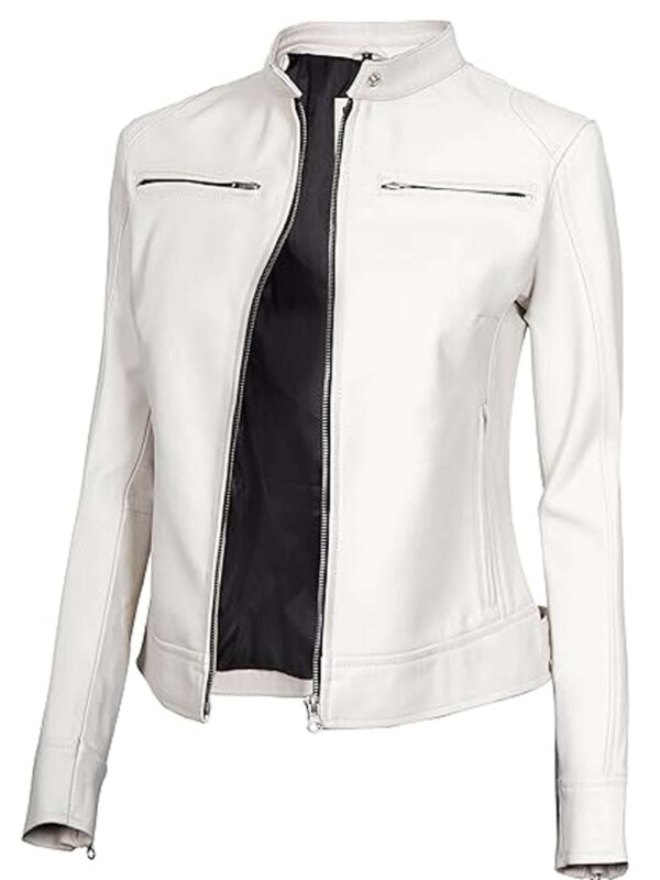 Women White Leather Cafe Racer Jacket