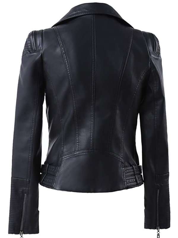 Women’s Black Zip-Up Motorcycle Biker Leather Jacket