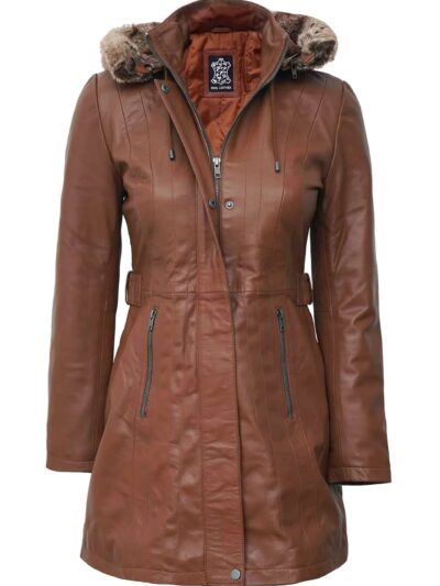 Women's Brown Leather Long Coat With Removable Shearling Hood