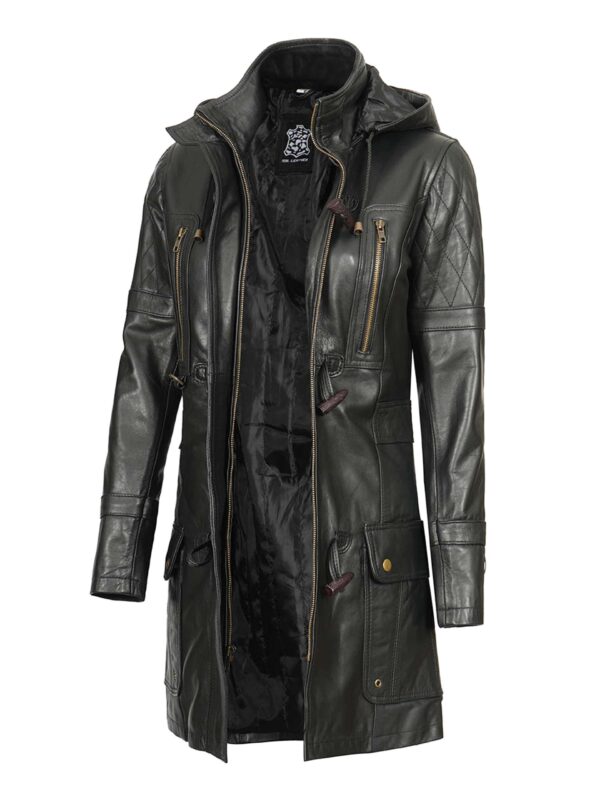 Black Hooded Leather Coat For Women