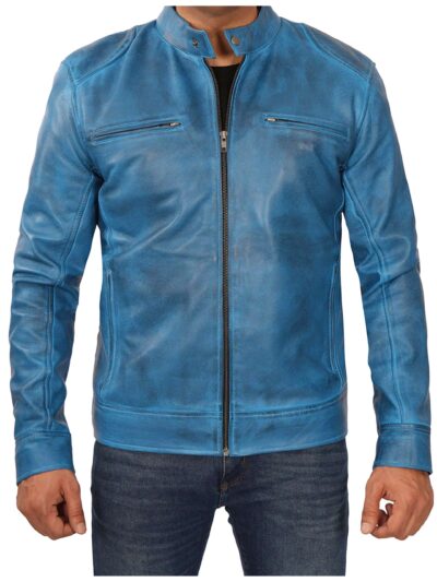 Dodge Blue Cafe Racer Biker Leather Jacket