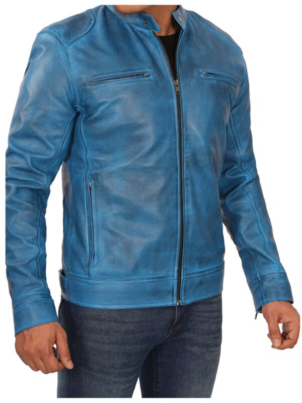 Dodge Cafe Racer Sky Blue Biker Leather Jacket