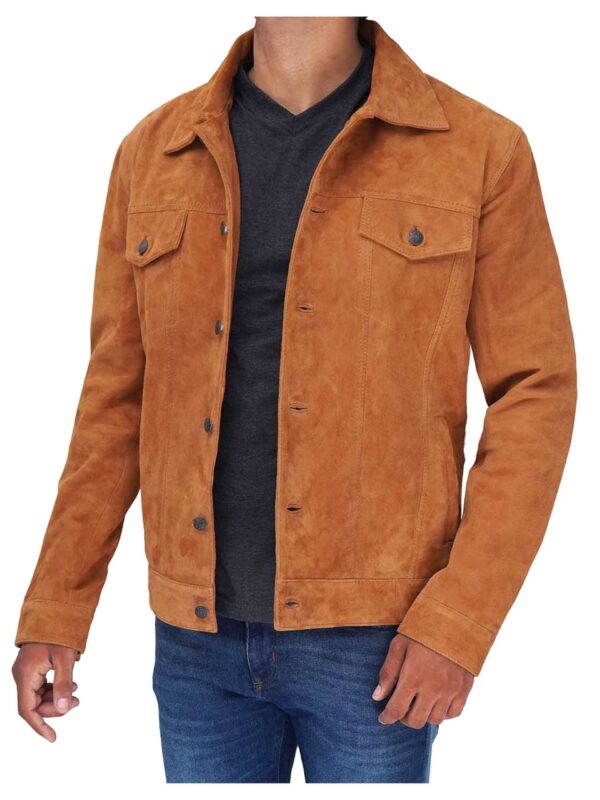 Logan Suede Brown Leather Trucker Jacket For Men