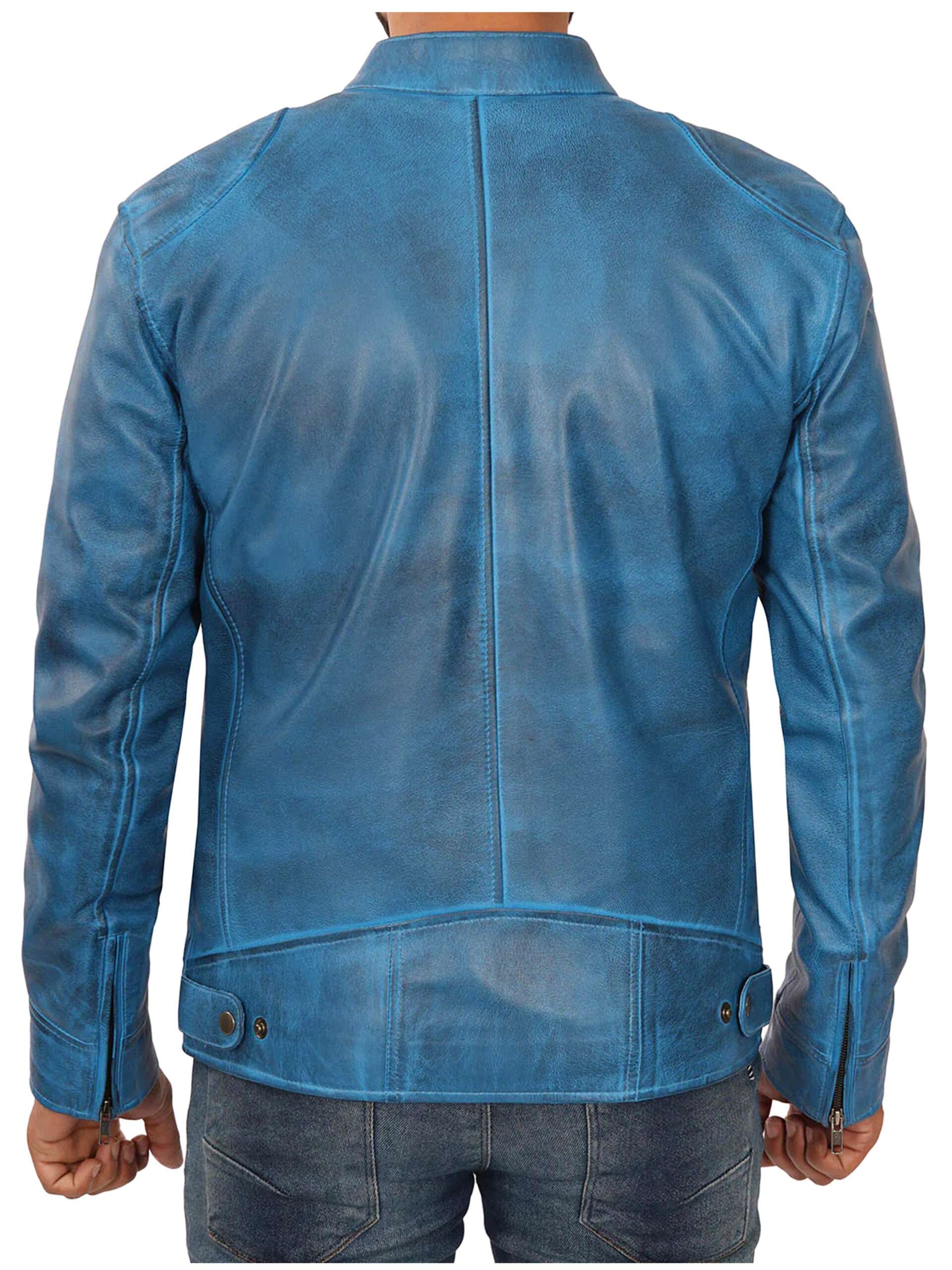 Men's Blue Cafe Racer Biker Leather Jacket