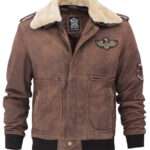 Mens Shearling Collar Brown Leather Bomber Jacket