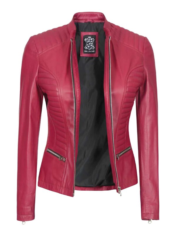 Pink Cafe Racer Leather Jacket For Women