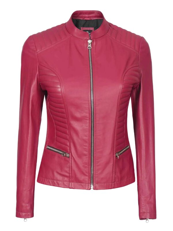 Pink Padded Style Cafe Racer Leather Jacket For Women