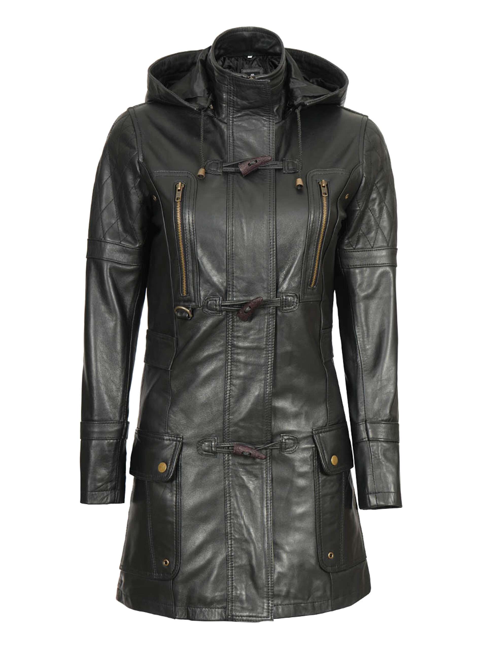 Quilted Black Hooded Leather Coat For Women