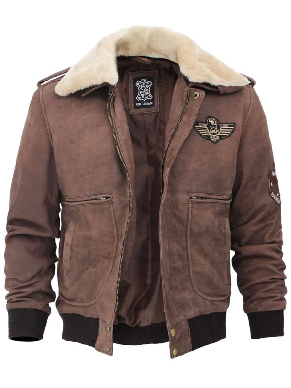 Shearling Collar Brown Leather Bomber Jacket