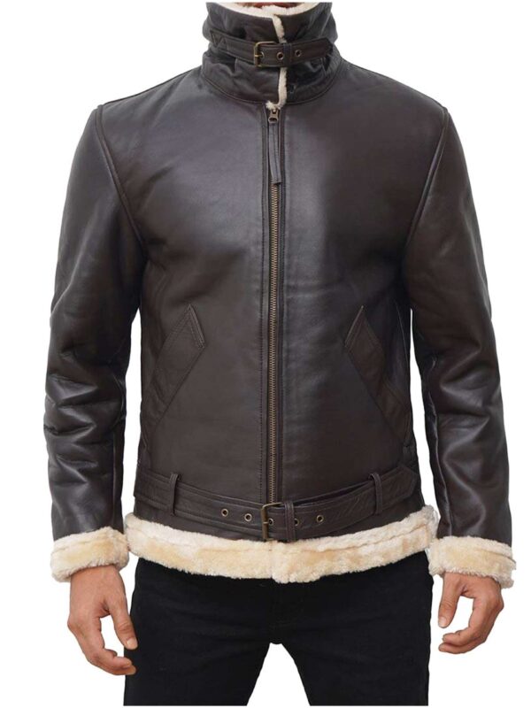 Shearling Dark Brown Real Leather Bomber Jacket For Men