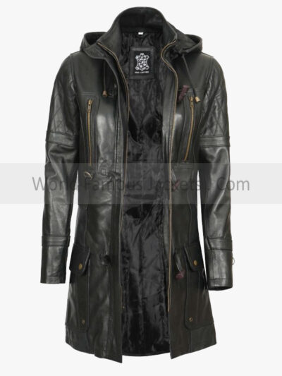 Women’s Black Hooded Leather Coat