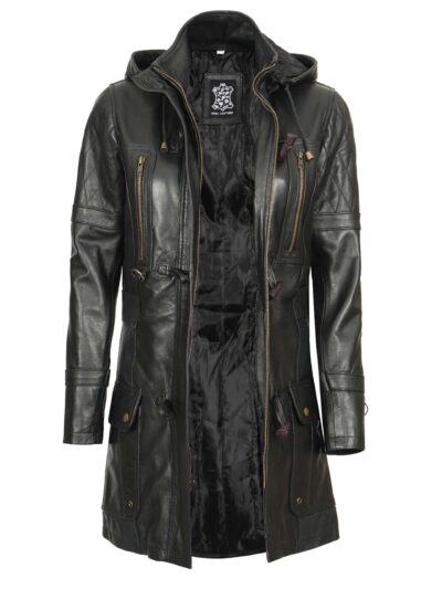 Women’s Black Hooded Leather Coat