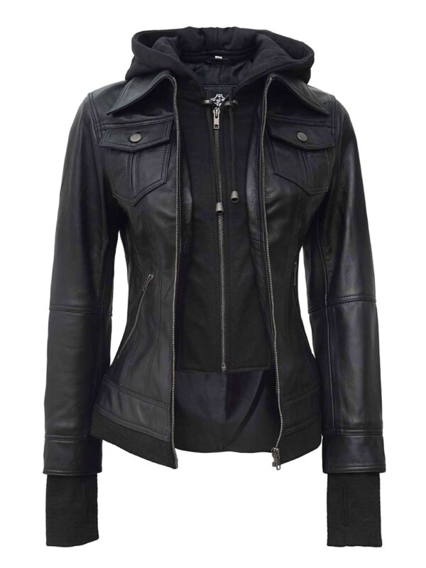 Women’s Bomber Leather Jacket With Removable Hood