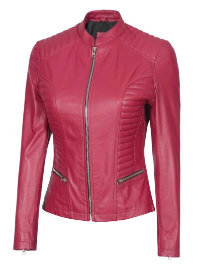 Women's Pink Cafe Racer Leather Jacket