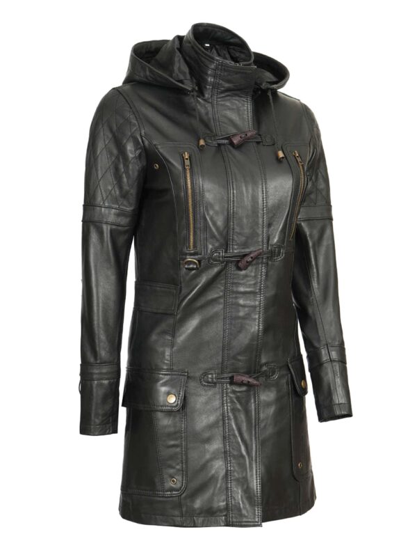 Women’s Quilted Black Leather Coat With Hood