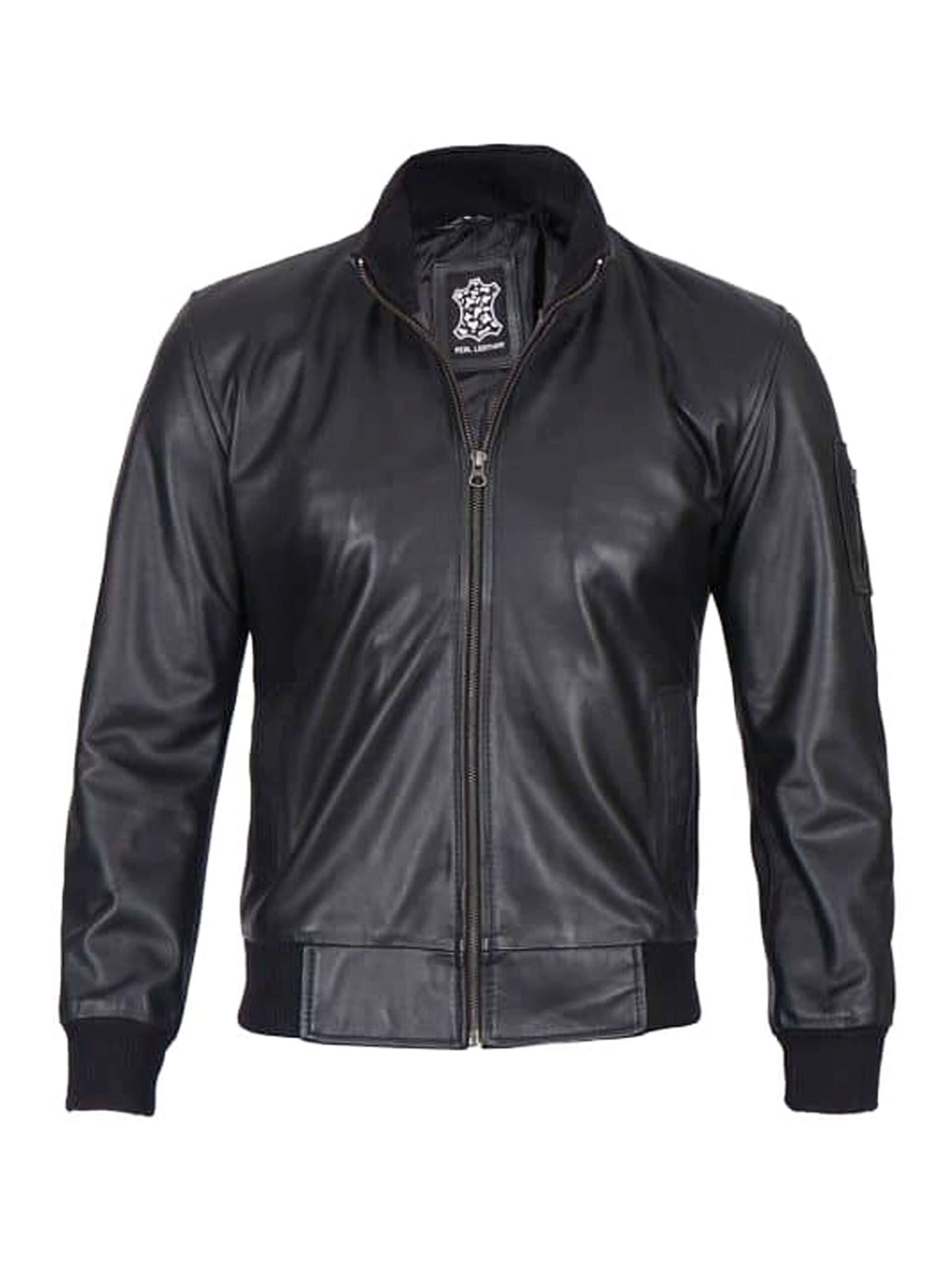 Black Cowhide Leather Bomber Jacket