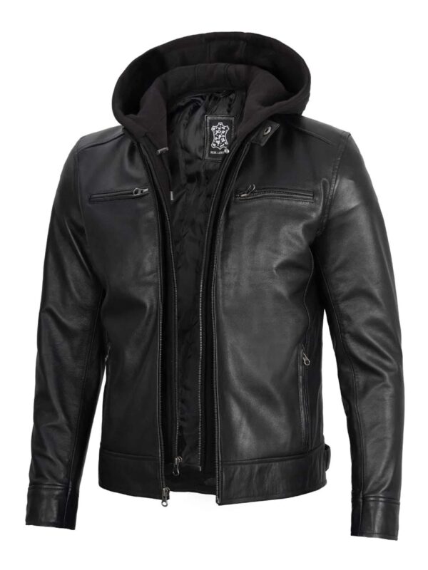 Black Hooded Biker Leather Jacket