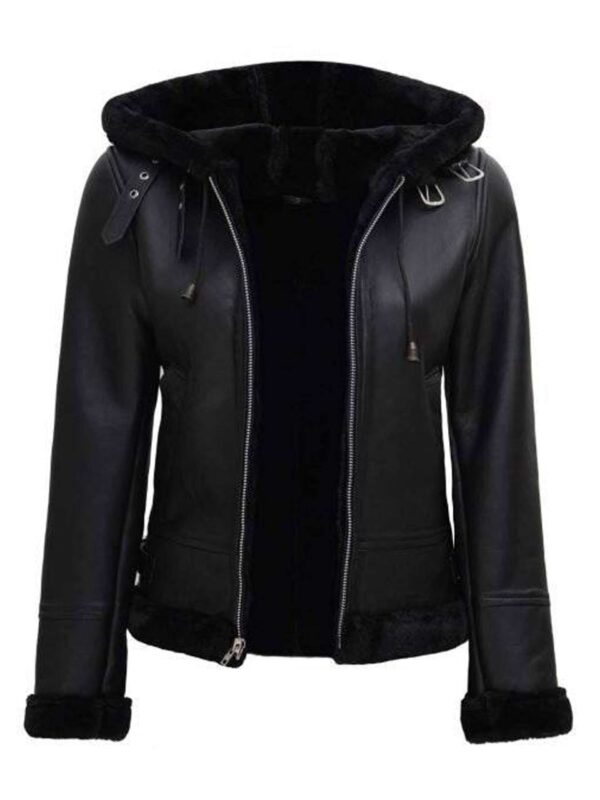 Black Shearling Hooded Bomber Leather Jacket For Women