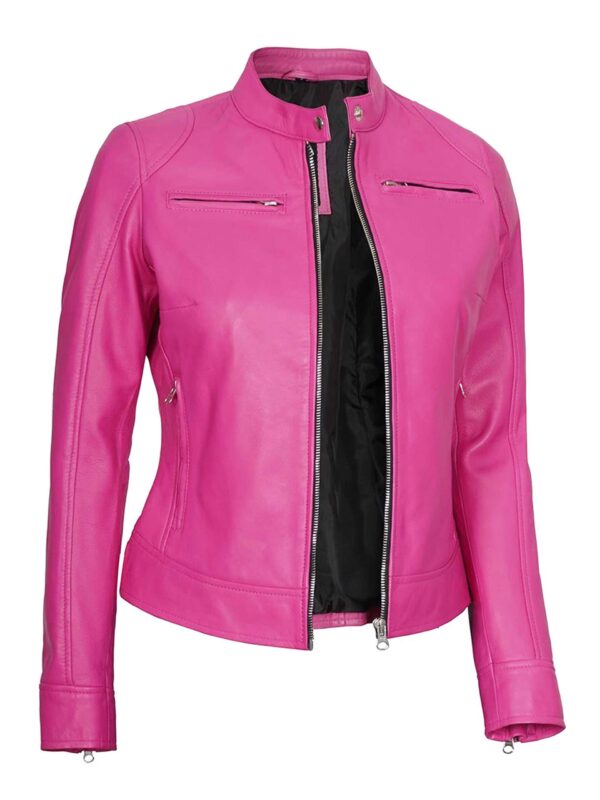 Cafe Racer Pink Biker Leather Jacket For Women