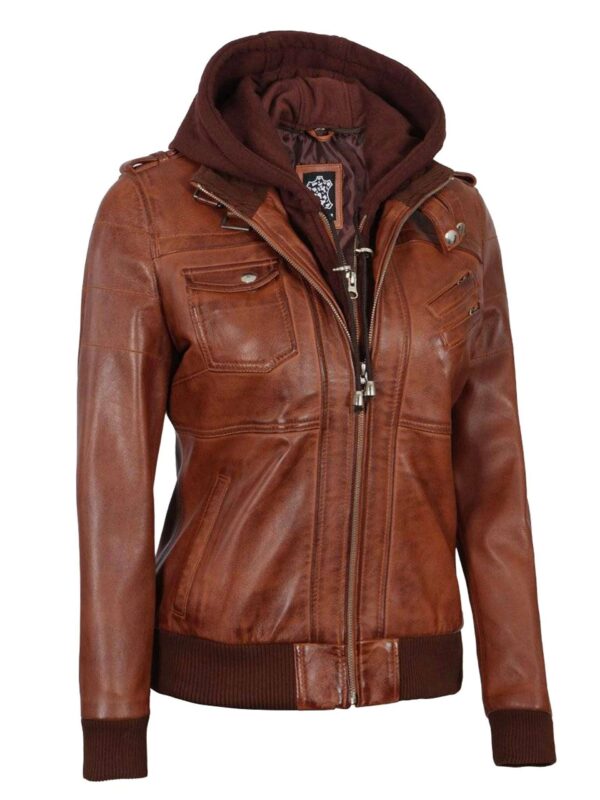 Cognac Leather Jacket With Removable Hood