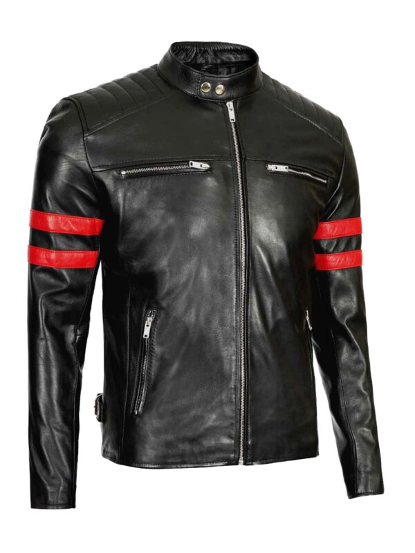 Hunter Black Biker Leather Jacket With Red Striped For Men