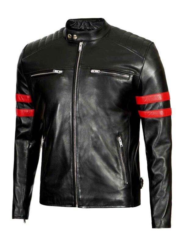 Hunter Men’s Biker Black Leather Jacket With Red Striped