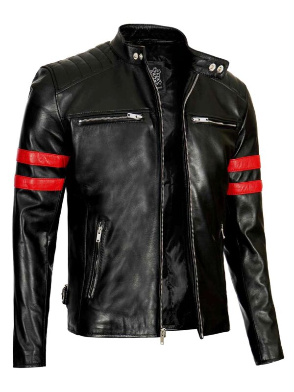Hunter Men’s Cafe Racer Black Leather Red Striped Jacket